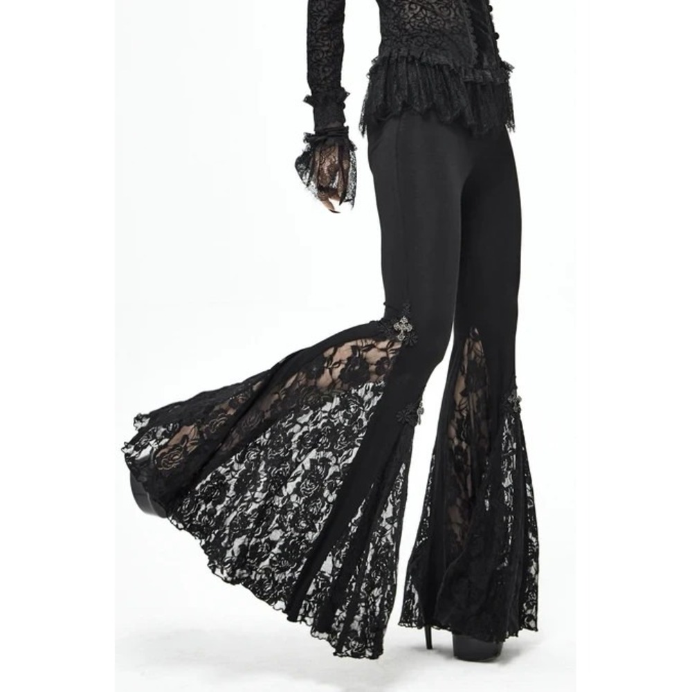 Black Gothic Lace Bell Bottom Pants Victorian Goth Sheer Godet Super Flare L/XL